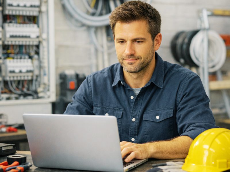 Homme du BTP qui travaille sur son ordinateur pour gérer son entreprise avec les logiciels Esabora