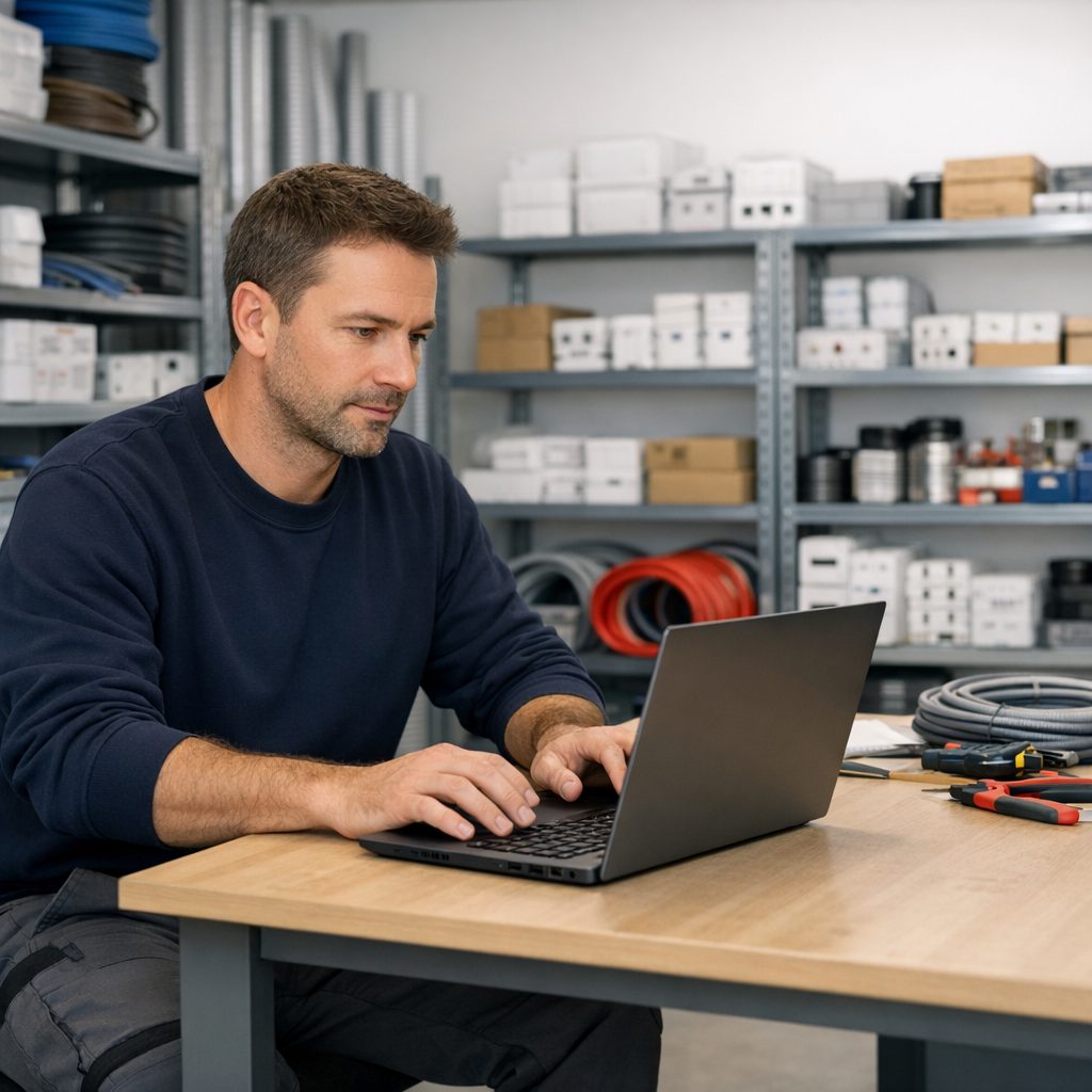 Electricien travaillant sur son pc