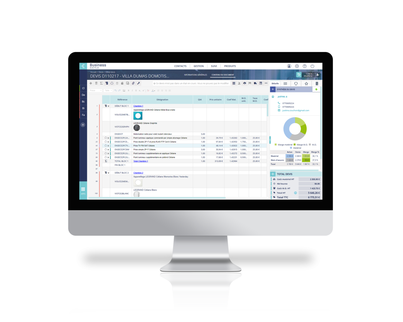 Écran d'ordinateur avec un exemple de devis sur le logiciel Esabora