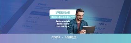 Visuel d'un homme avec tablette pour annoncer le webinar sur la facturation électronique