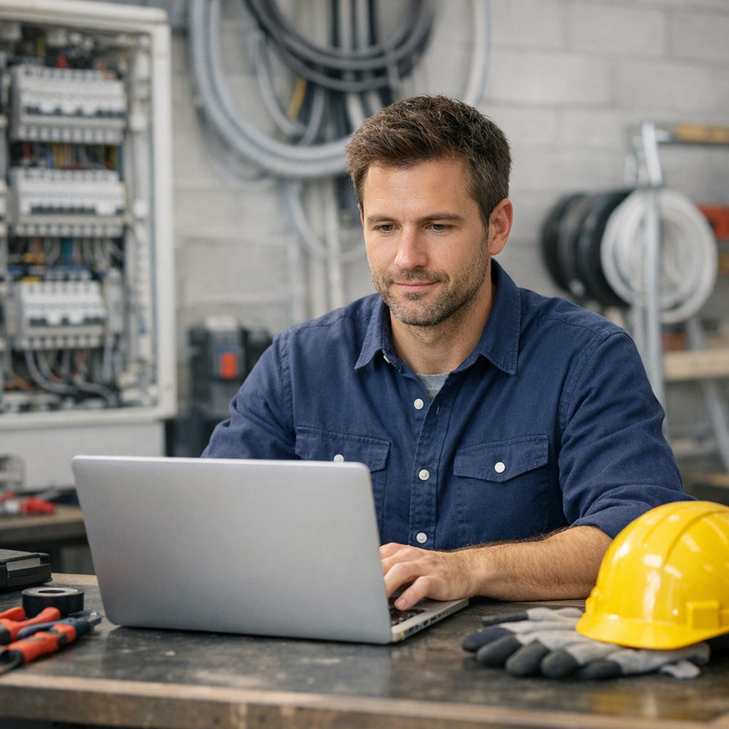 Visuel d'un homme dans son bureau entrain de regarder son ordinateur. On peut retrouver un casque et des matériaux de travail sur le bureau.